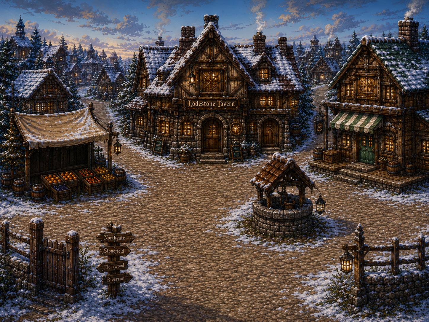 Snowy Town Center in Briarwell, with the Lodestone Tavern, fruit stall, General Store and well
